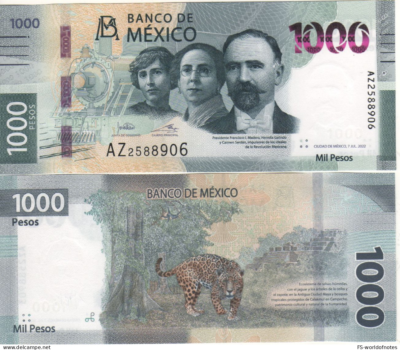 MEXICO New 1'000 Pesos  PW137   DATED  7-7-2022 Hermina Galindo, Carmen Serdán, Francisco Ignacio Madero+ Jaguar - Mexique