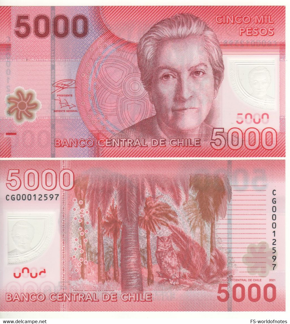 CHILE  New  5'000  Pesos ,  Dated 2016  Polimer Issue    P163    Gabriela Mistral + Owl At Back  UNC - Cile