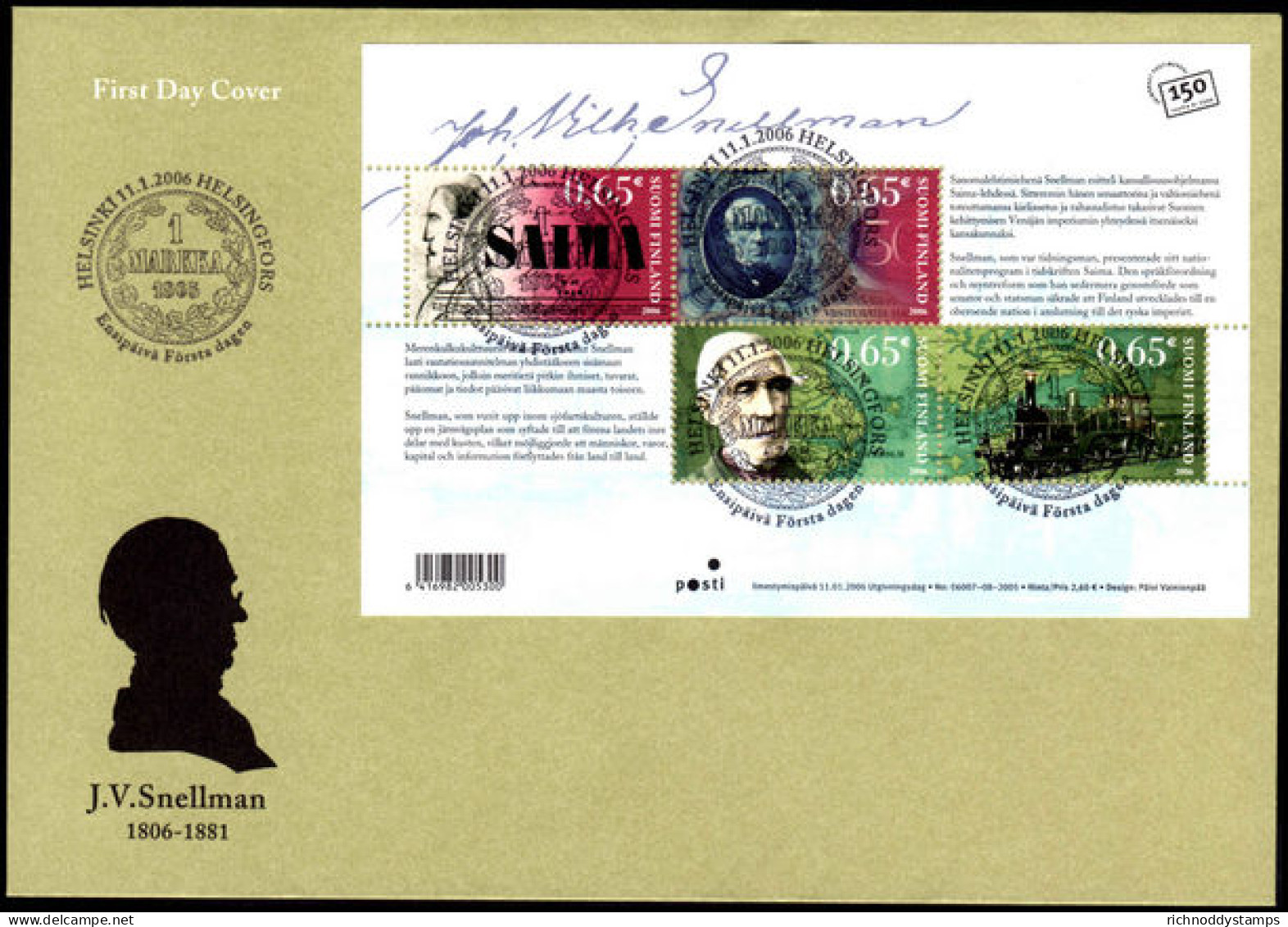 Finland 2006 Snellman First Day Cover - Covers & Documents