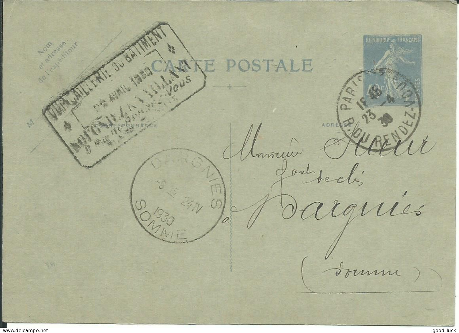 FRANCE LETTRE40c SEMEUSE PARIS POUR DARGNIES ( SOMME ) DE 1930  LETTRE COVER - Enveloppes Repiquages (avant 1995)
