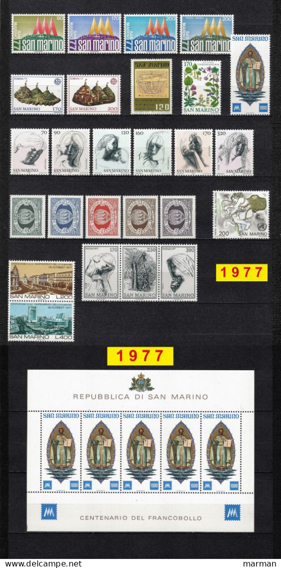 SAN MARINO 1977 Annata COMPLETA 26 Fbolli + 1 Foglietto Valori Nuovi **/MNH - Full Years