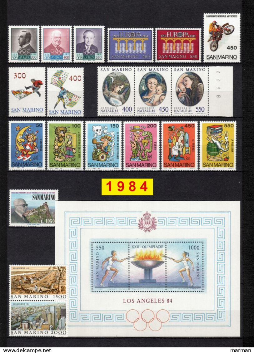 SAN MARINO 1984 Annata COMPLETA 20 Fbolli + 1 Foglietto Valori Nuovi **/MNH - Komplette Jahrgänge