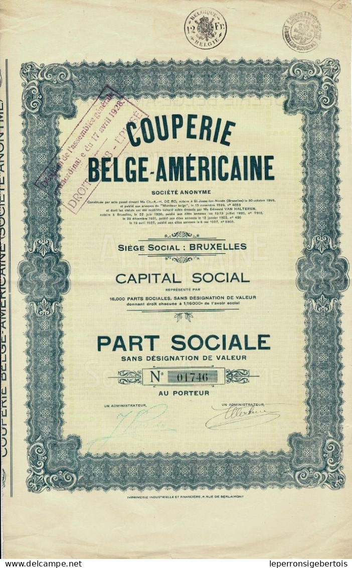 Titre De 1927 - Couperie Belge-Américaine - - Textiles