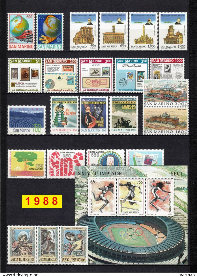 SAN MARINO 1988 Annata COMPLETA 24 Fbolli + 1 Foglietto Valori Nuovi **/MNH - Annate Complete