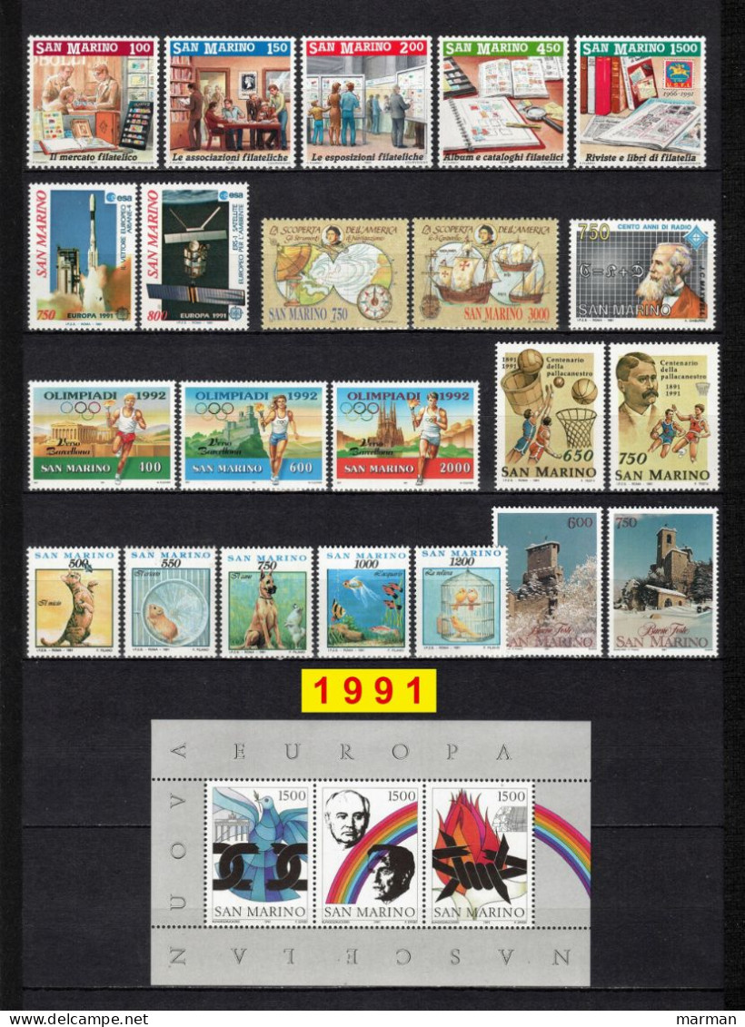 SAN MARINO 1991 Annata 22 Fbolli + 1 Foglietto Valori Nuovi **/MNH - Años Completos