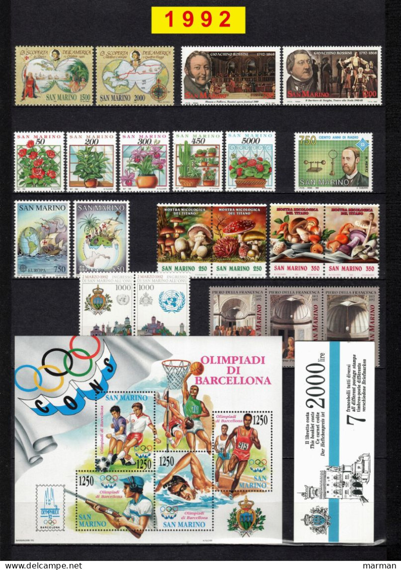 SAN MARINO 1992 Annata COMPLETA 21 Fbolli + 1 Foglietto + 1 Libretto Valori Nuovi **/MNH - Años Completos