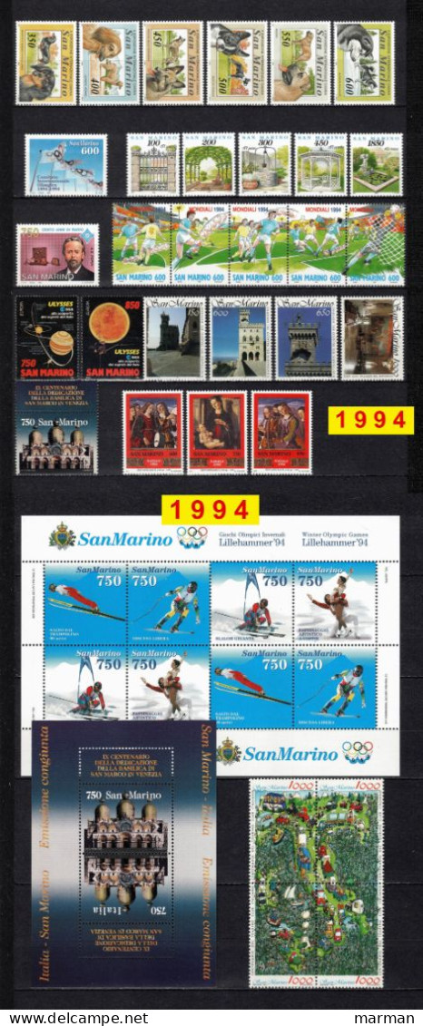 SAN MARINO 1994 Annata COMPLETA 32 Fbolli + 2 Foglietti Valori Nuovi **/MNH - Full Years