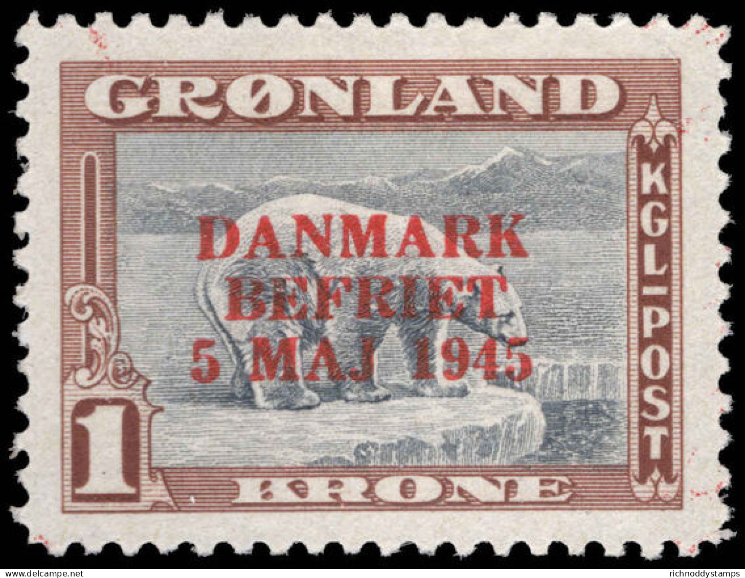 Greenland 1945 Liberation 1kr Grey And Brown With Red Overprint Lightly Mounted Mint. - Nuovi