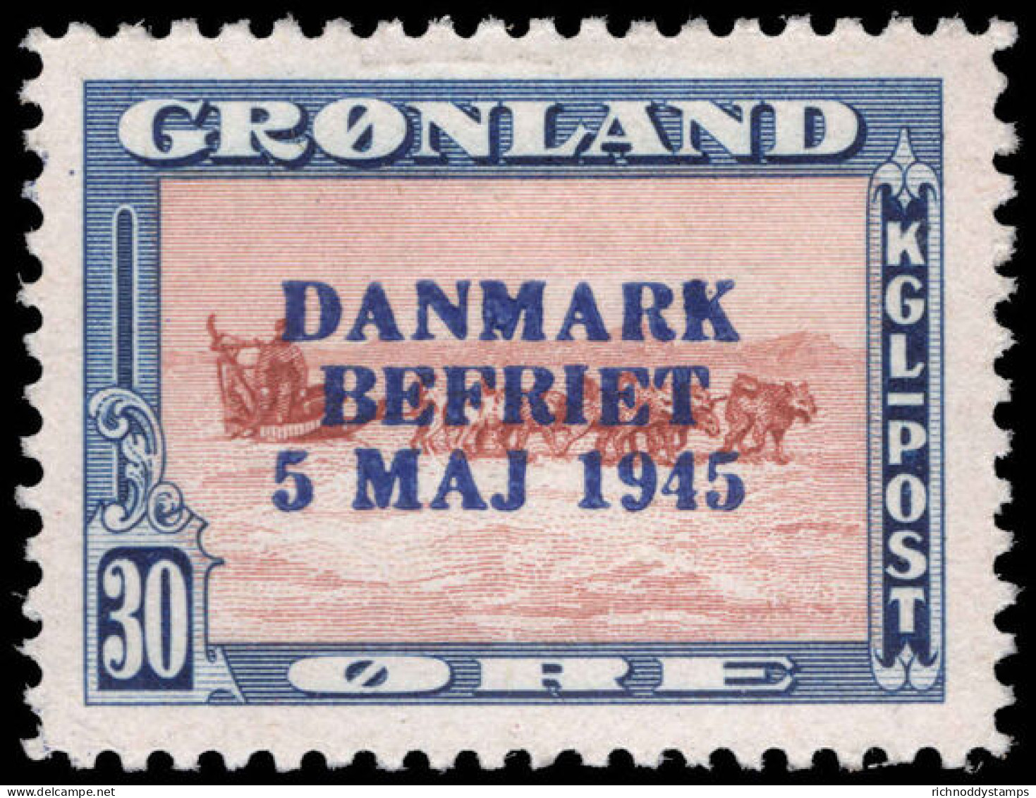 Greenland 1945 Liberation 30&oslash;  Red-brown And Blue With Blue Overprint Lightly Mounted Mint. - Ongebruikt