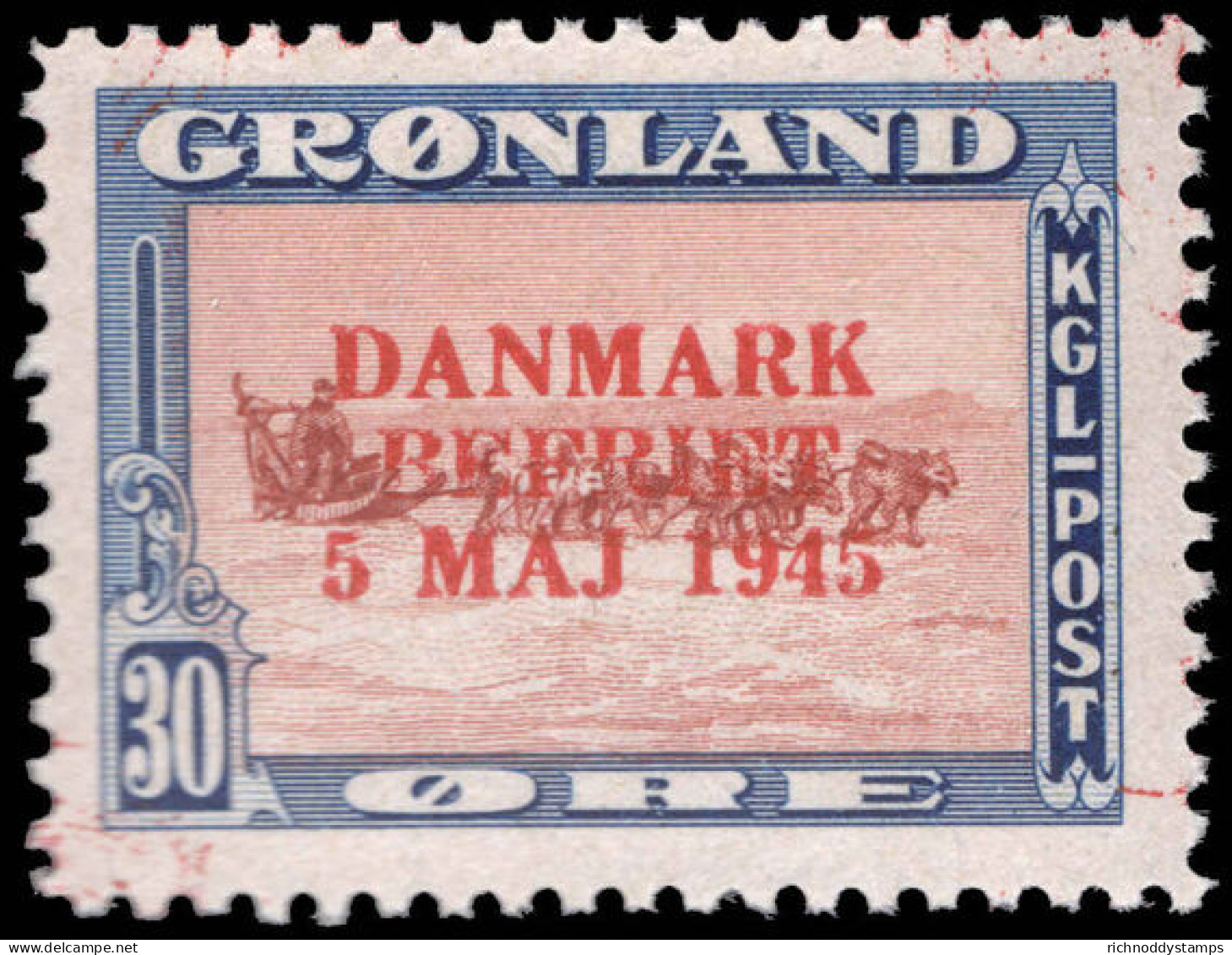 Greenland 1945 Liberation 30&oslash;  Red-brown And Blue With RARE RED OVERPRINT Unmounted Mint. - Neufs