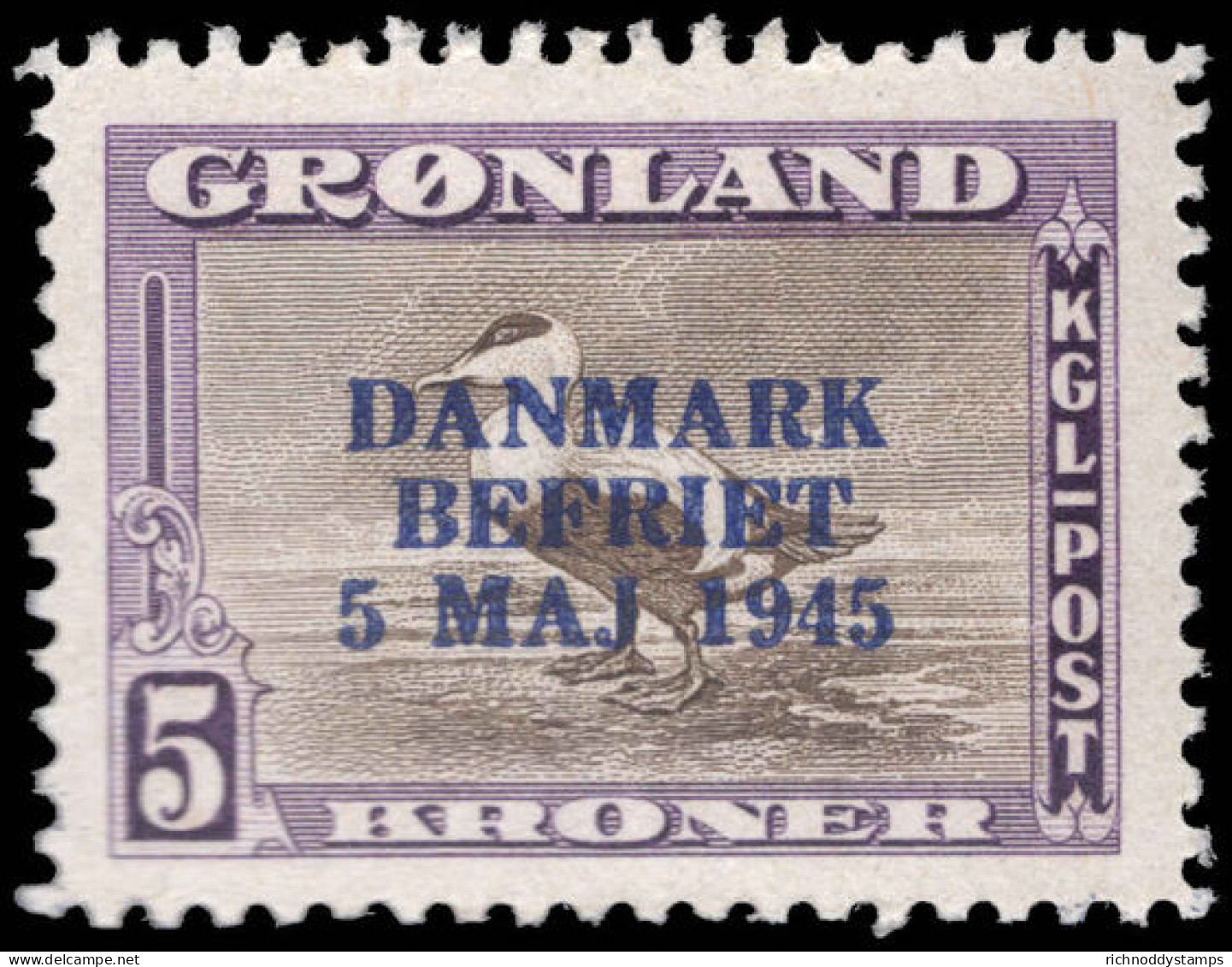 Greenland 1945 Liberation 5kr Brown And Purple With Blue Overprint Lightly Mounted Mint. - Ongebruikt