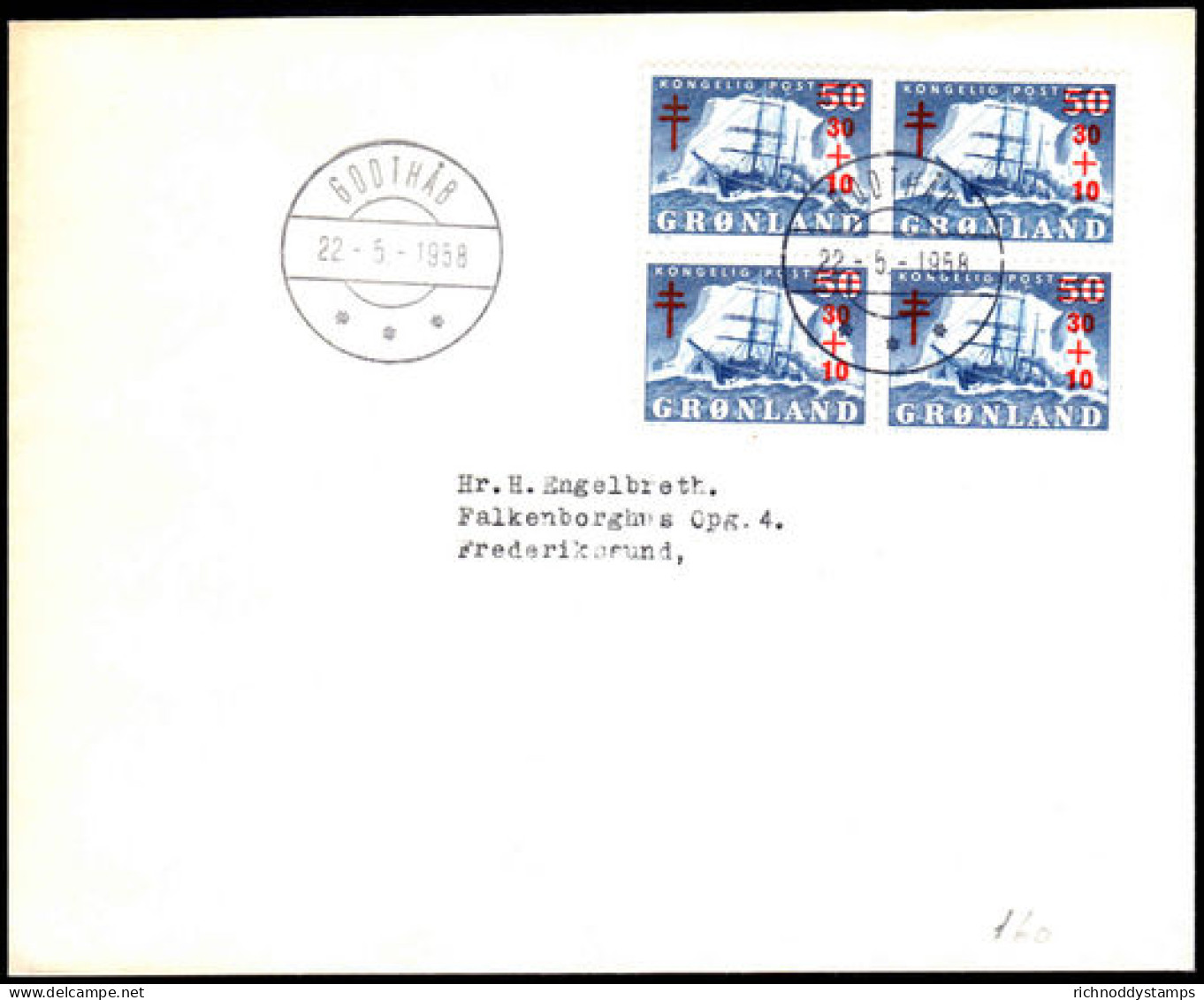 Greenland 1958 TB Relief Block Of 4 On First Day Cover - Storia Postale