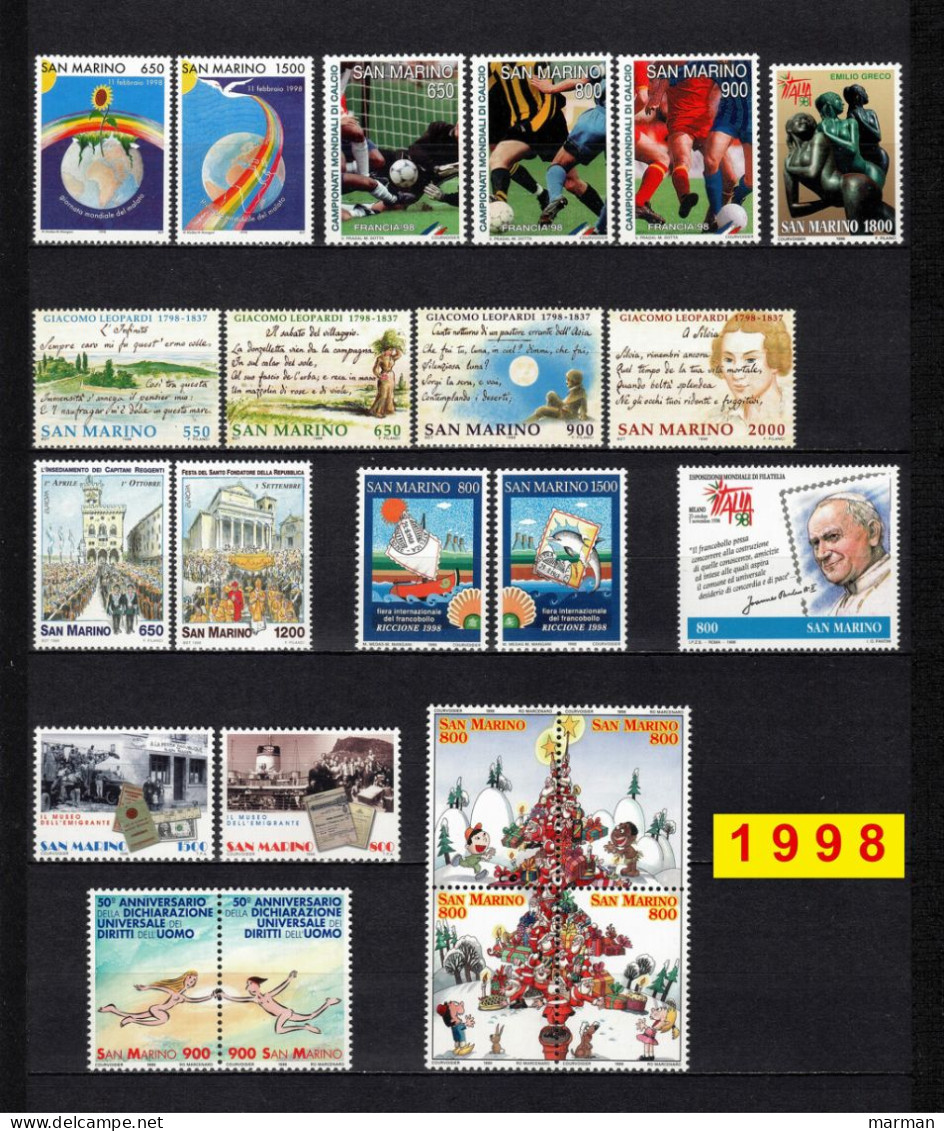 SAN MARINO 1998 Annata COMPLETA  23 Fbolli + 3 Foglietti Valori Nuovi **/MNH - Années Complètes