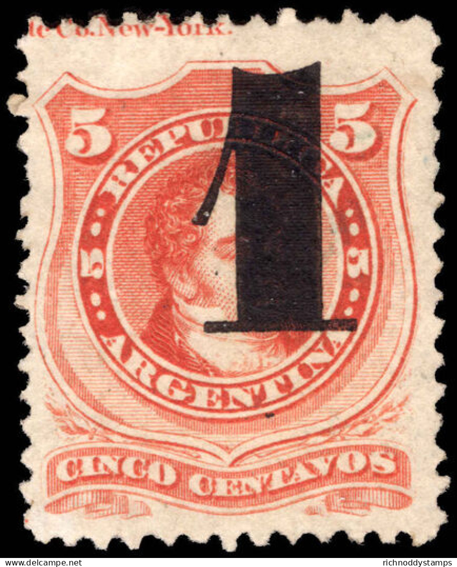 Argentina 1877 1 On 5c Vermillion Fine Unmounted Mint. - Neufs