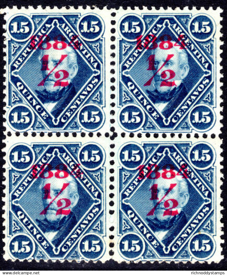 Argentina 1884 &#189;c On 15c Deep Blue (crossed Lines) Carmine Opt Block Of 4 Fine Unmounted Mint. - Neufs