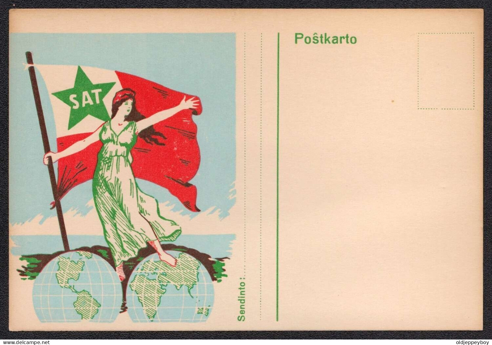 Esperanto Sennacieca Asocio Tutmonda  SAT In Green Star Flag Held By Woman Standing On Two Sides Of World Globe.  - Esperanto