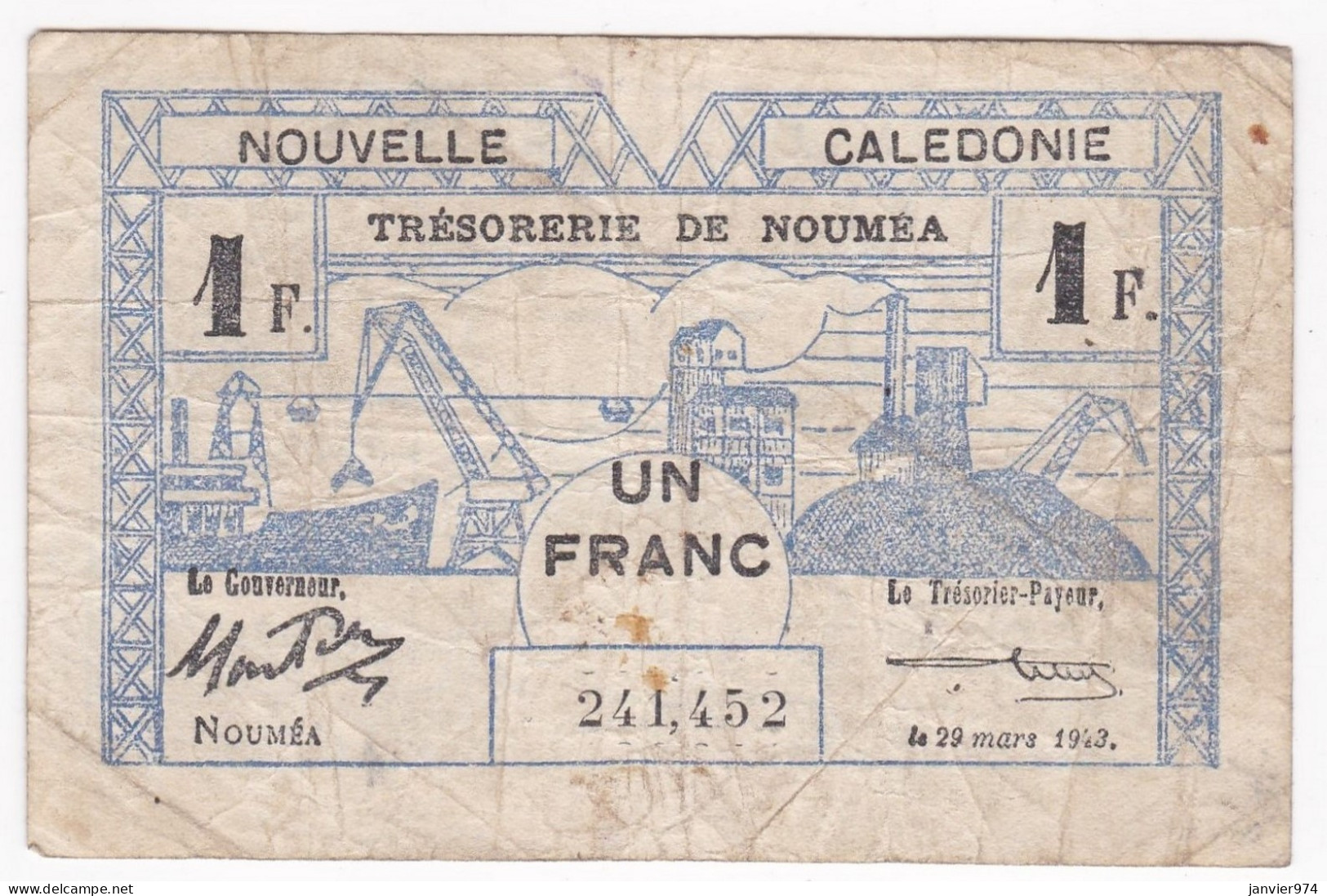 Nouvelle Calédonie 1 Franc 1943 , Trésorerie De Nouméa , N° 241452 - Nouméa (Neukaledonien 1873-1985)