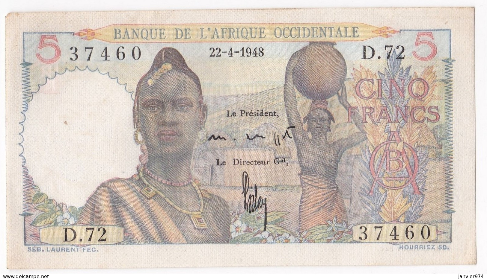 Banque De L'Afrique Occidentale 5 Francs 22 4 1948, Alph : D 72 N° 37460, Non Circuler, Avec Son Craquant D’origine - Sonstige – Afrika