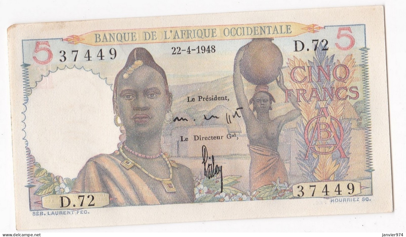 Banque De L'Afrique Occidentale 5 Francs 22 4 1948, Alph : D 72 N° 37449, Non Circuler, Avec Son Craquant D’origine - Sonstige – Afrika
