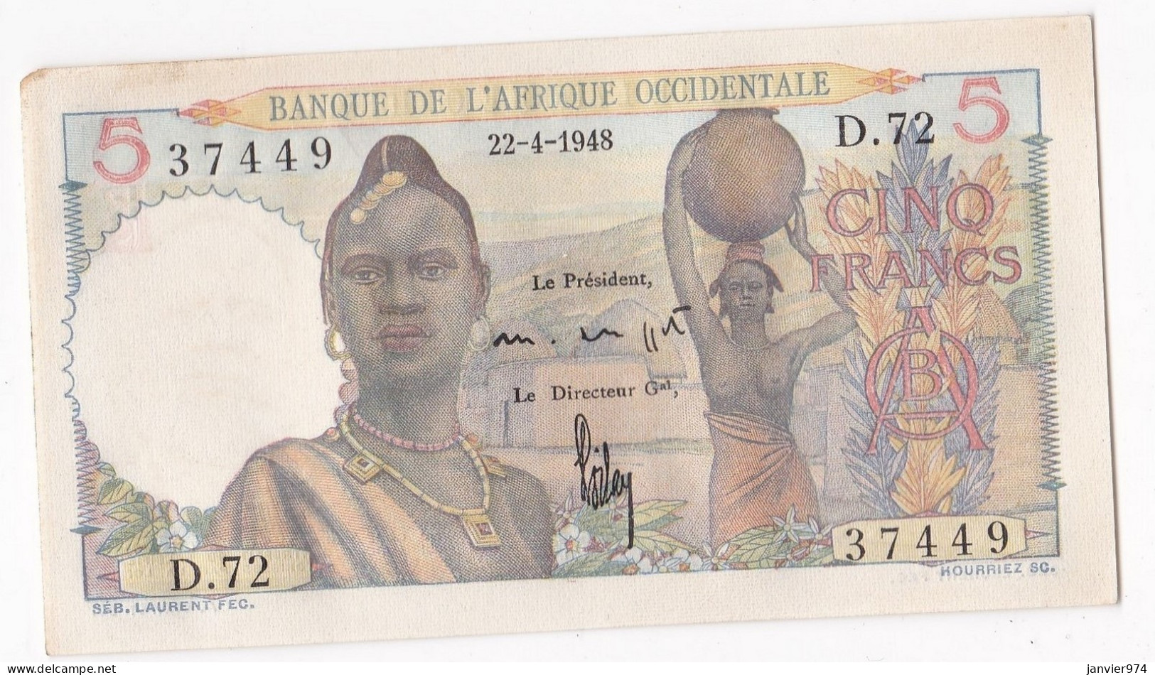 Banque De L'Afrique Occidentale 5 Francs 22 4 1948, Alph : D 72 N° 37449, Non Circuler, Avec Son Craquant D’origine - Altri – Africa