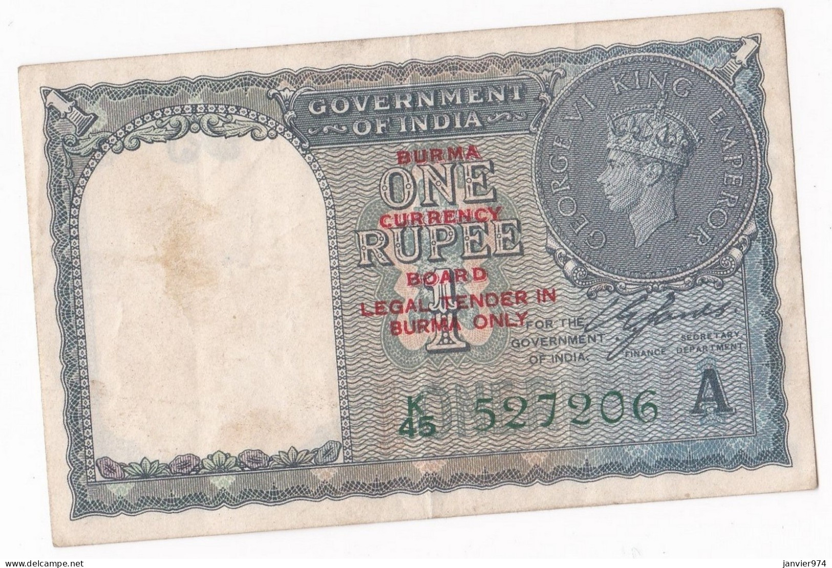 Birmanie Inde Britannique 1 Rupee 1940 George VI ,Alphabet K 45 N° 52206 A - Myanmar