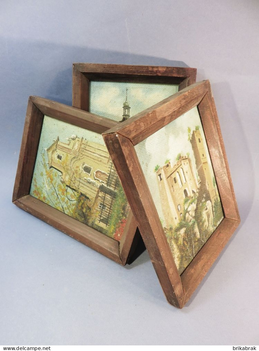 + TROIS TABLEAUX EGLISES + Peinture Religion Cadre Tableau Orthodoxe Monument Ruine