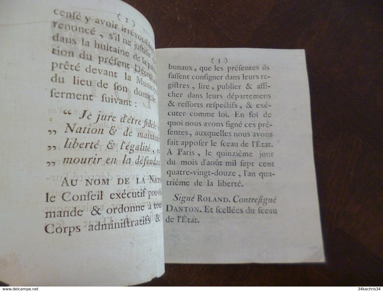 Loi  Paris 14/08/1792 Révolution Serment De Fidélité à La Nation."Je Jure...." Signé Danton Pour Le Gard Nîmes - Décrets & Lois