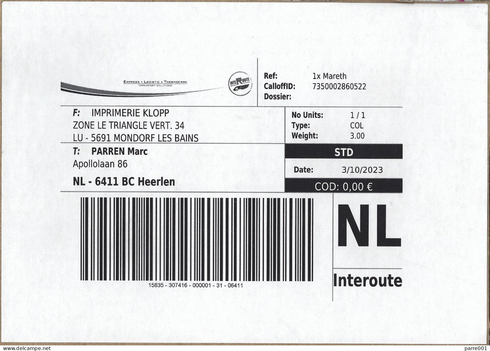 Luxembourg Luxemburg 2023 Mondorf Les Bains Parcel Interoute Label - Postage Labels