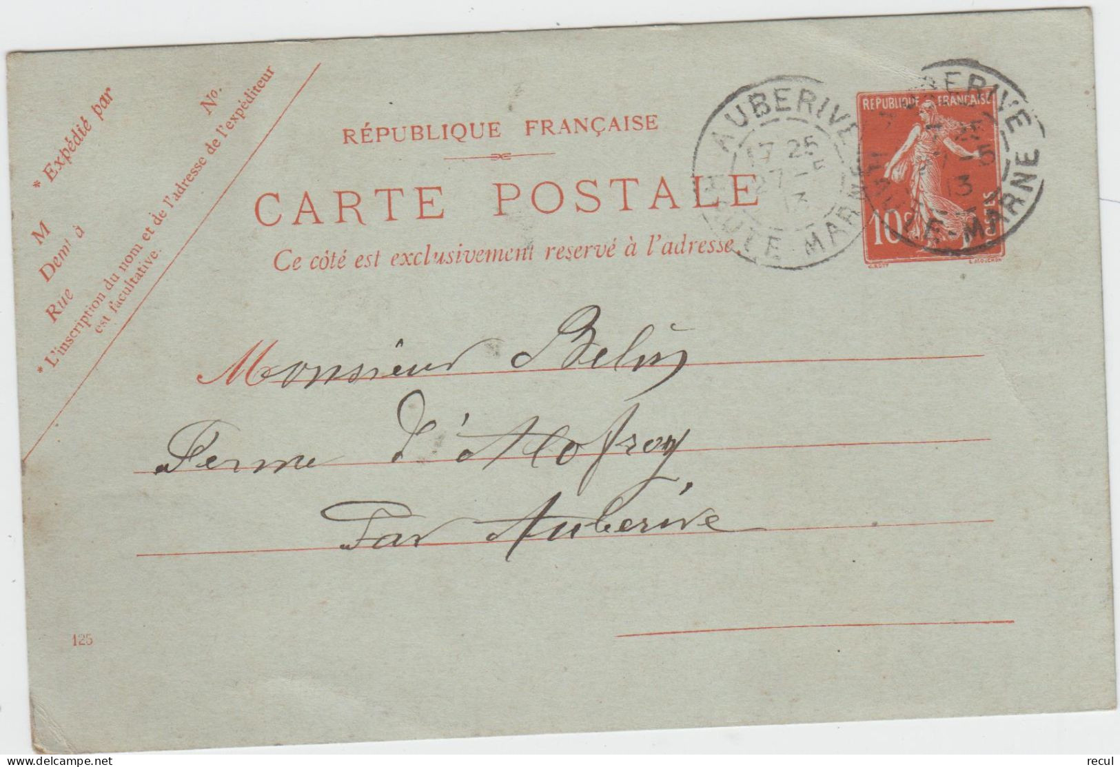 HAUTE MARNE - Carte Postale - ENTIER POSTAL - AUBERIVE Le 27 Mai 1913 - Auberive