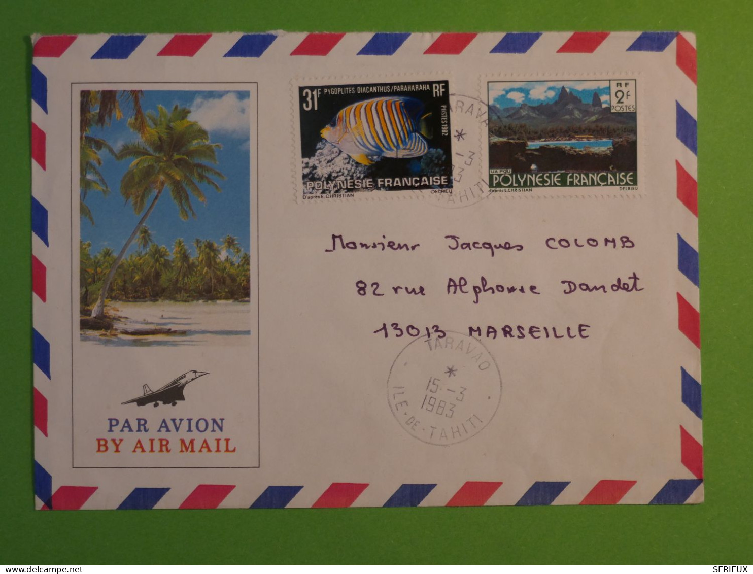 BV6 POLYNESIE  BELLE  LETTRE   1983 TARAVAO TAHITI A MARSEILLE FRANCE     +AFF. MECAN. PLAISANT+ - Covers & Documents