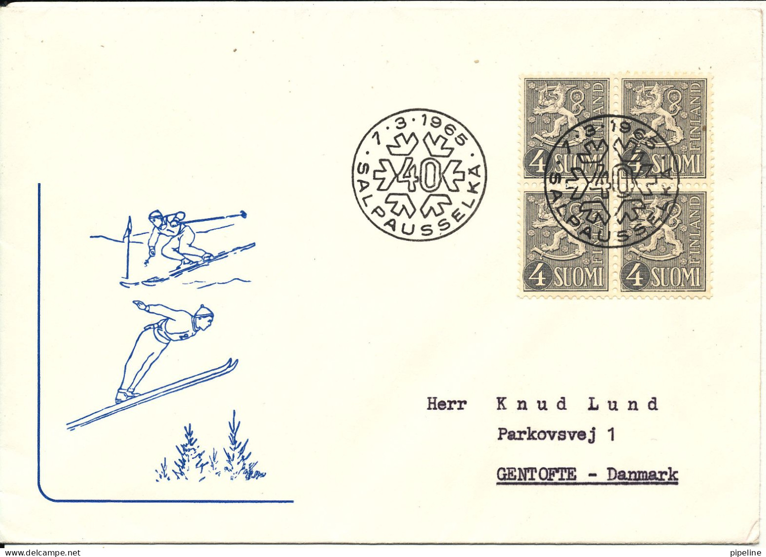 Finland Cover With A B Lock Of 4 LION Type 1-3-1965 With Cachet Sent To Denmark - Briefe U. Dokumente