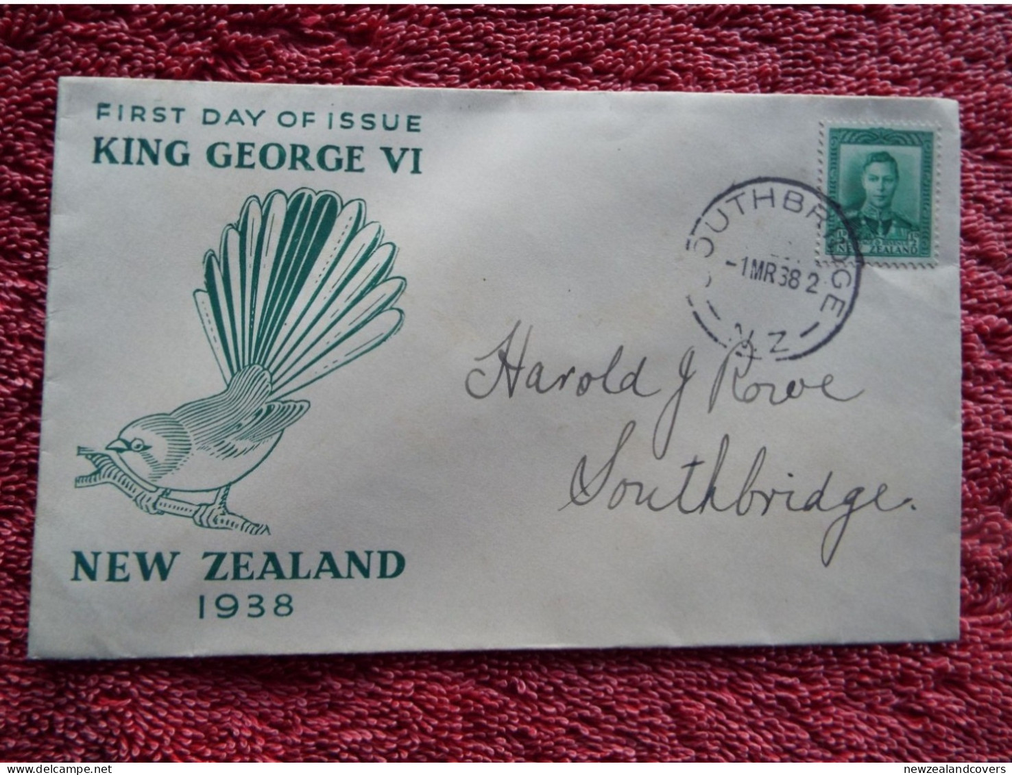 1938 KG VI FDC Fantail Bird Southbridge New Zealand - FDC