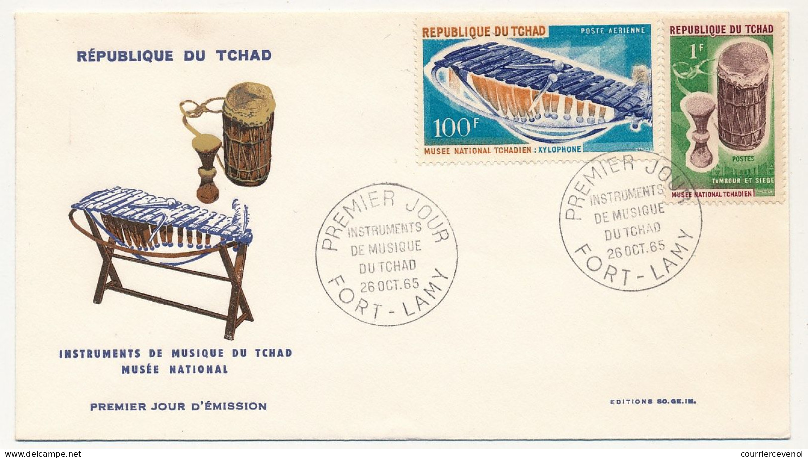 TCHAD => Envel FDC -1F Et 100F Instruments De Musique Du Tchad - 26 Oct 1965 - FORT-LAMY - Ciad (1960-...)