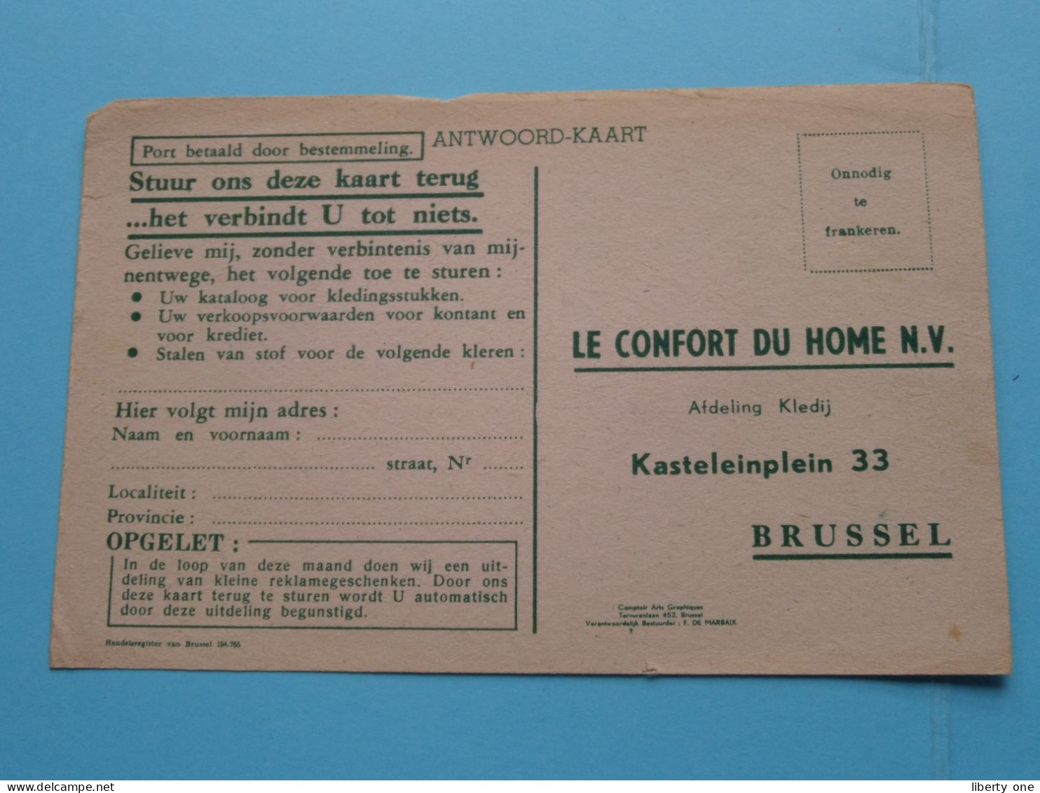 PUBLI - RECLAME " Le CONFORT Du HOME Bruxelles " ( Zie / Voir SCANS ) Carte Lettre / Antwoordkaart ! - Old Professions