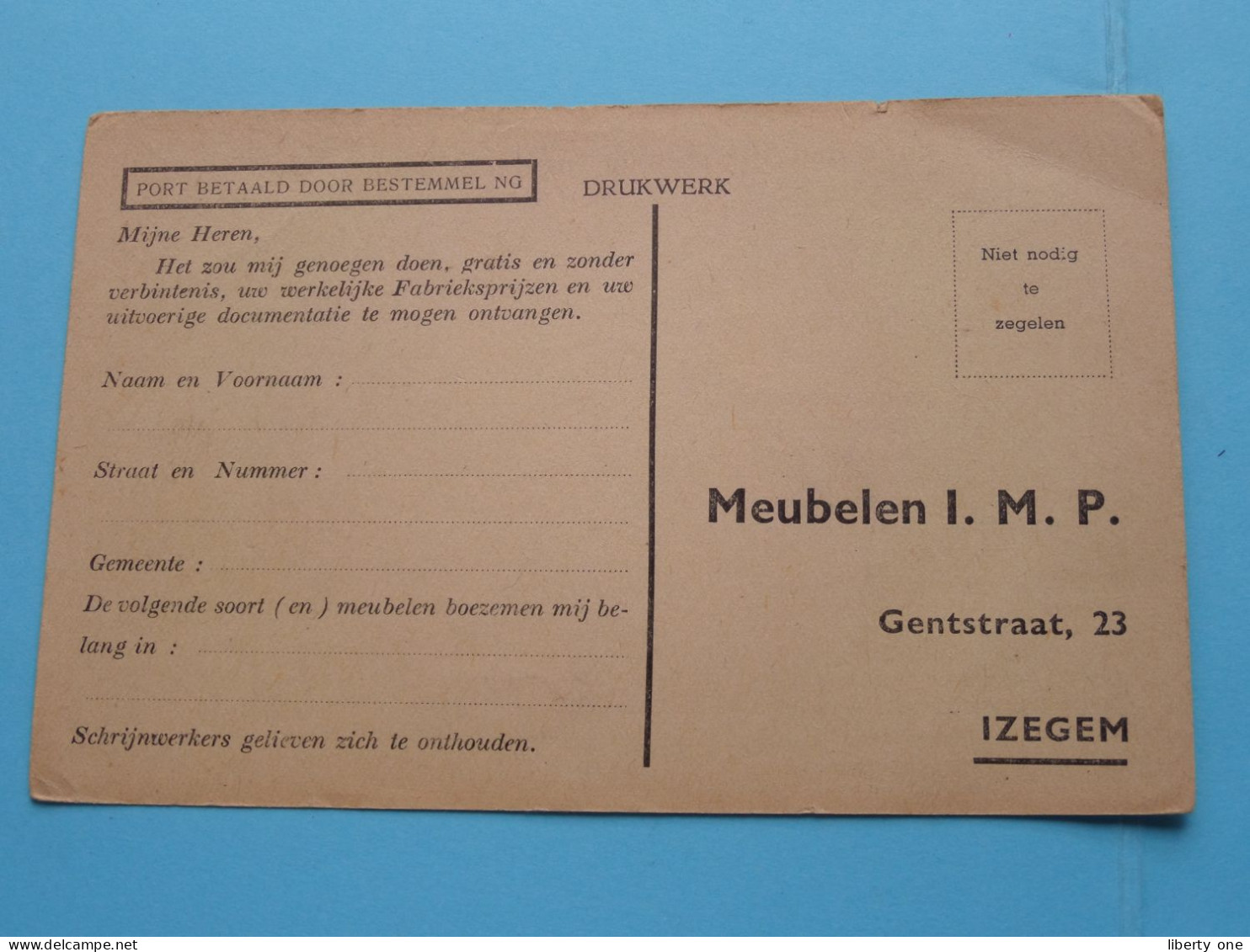 PUBLI - RECLAME " Meubelen I.M.P. Gentstraat IZEGEM " ( Zie / Voir SCANS ) Carte Lettre / Antwoordkaart ! - Izegem