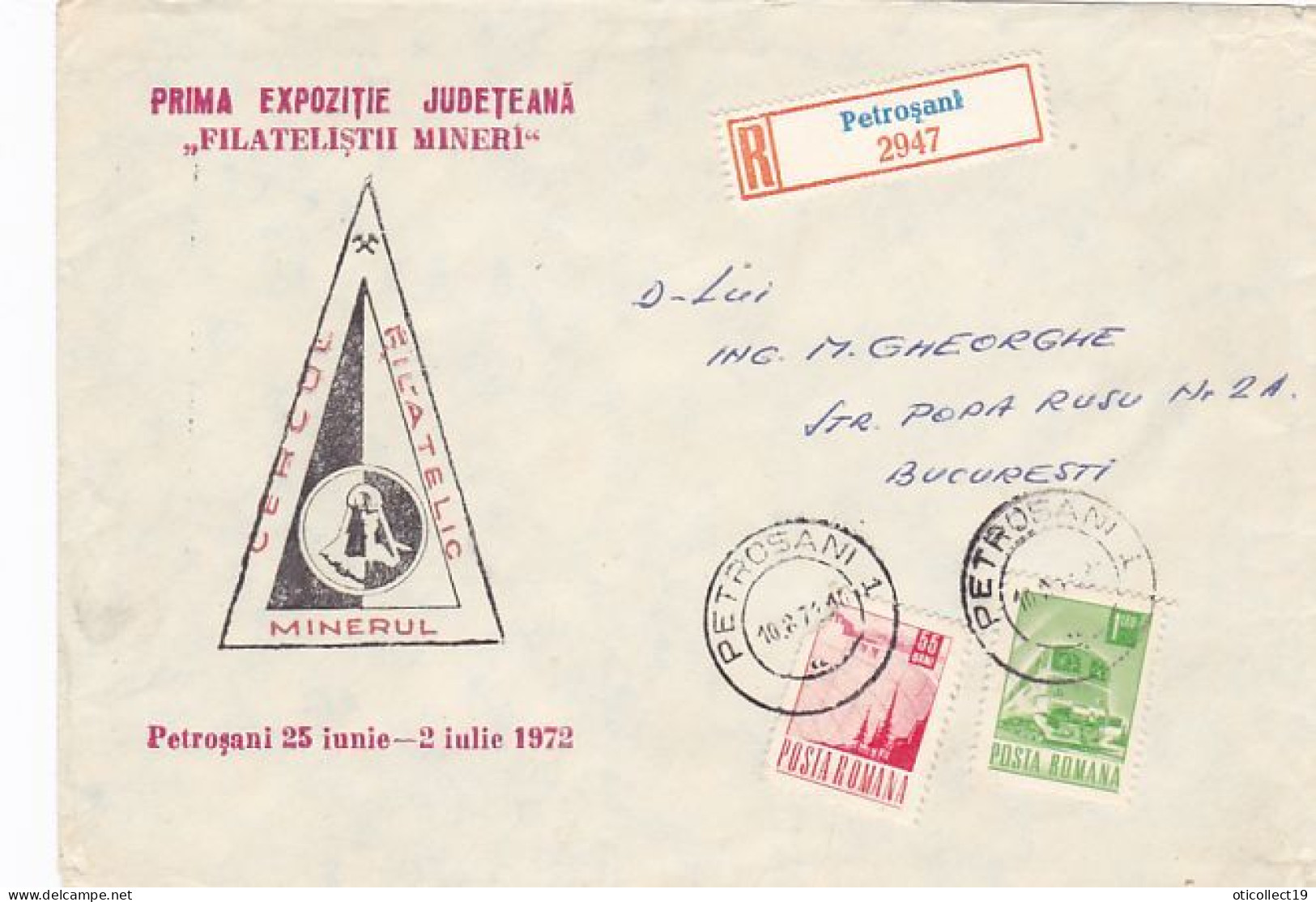 PETROSANI MINERS PHILATELIC CLUB ANNIVERSARY, REGISTERED SPECIAL COVER, 1972, ROMANIA - Covers & Documents