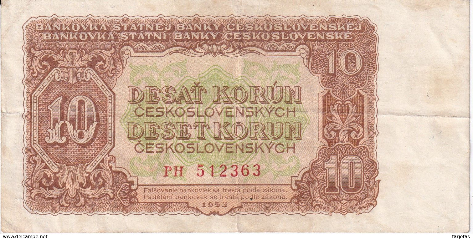 BILLETE DE CHECOSLOVAQUIA DE 10 KORUN DEL AÑO 1953  (BANKNOTE) - Czechoslovakia