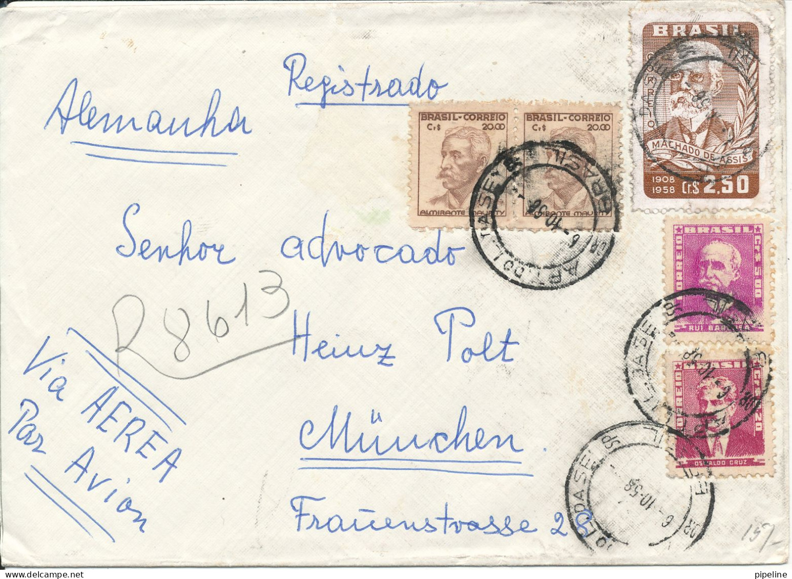 Brazil Registered Cover Sent Air Mail To Germany 6-10-1958 Stains On The Backside Of The Cover - Lettres & Documents