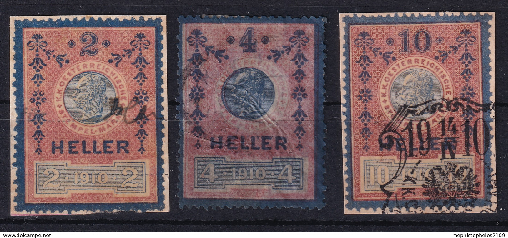 AUSTRIA 1910 - Canceled - Stempelmarken 2h, 4h, 10h - Steuermarken