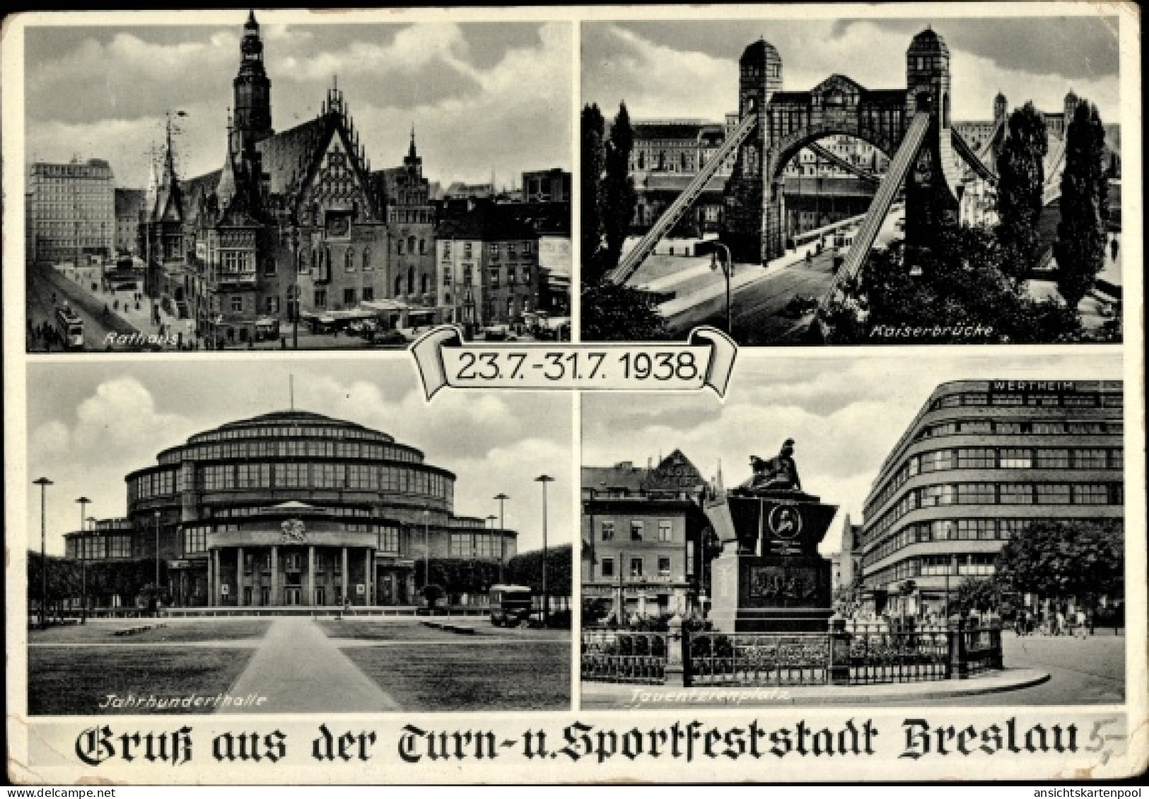 CPA Wrocław Breslau Schlesien, Rathaus, Kaiserbrücke, Jahrhunderthalle, Tauentzienplatz - Schlesien