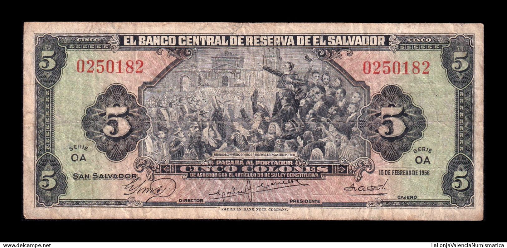 El Salvador 5 Colones 1956 Pick 95a Serie OA Bc F - Salvador