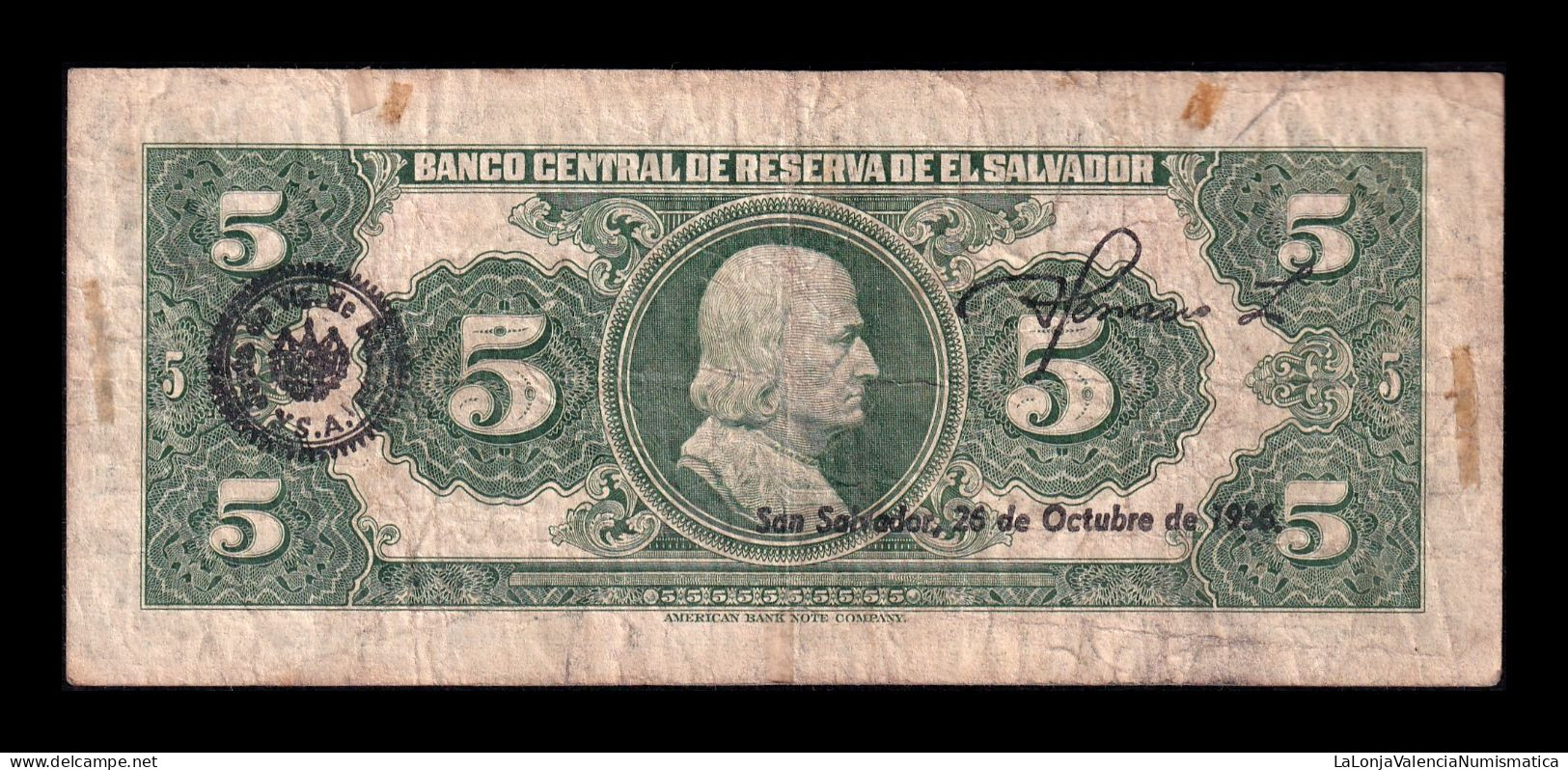 El Salvador 5 Colones 1956 Pick 95a Serie OA Bc F - El Salvador