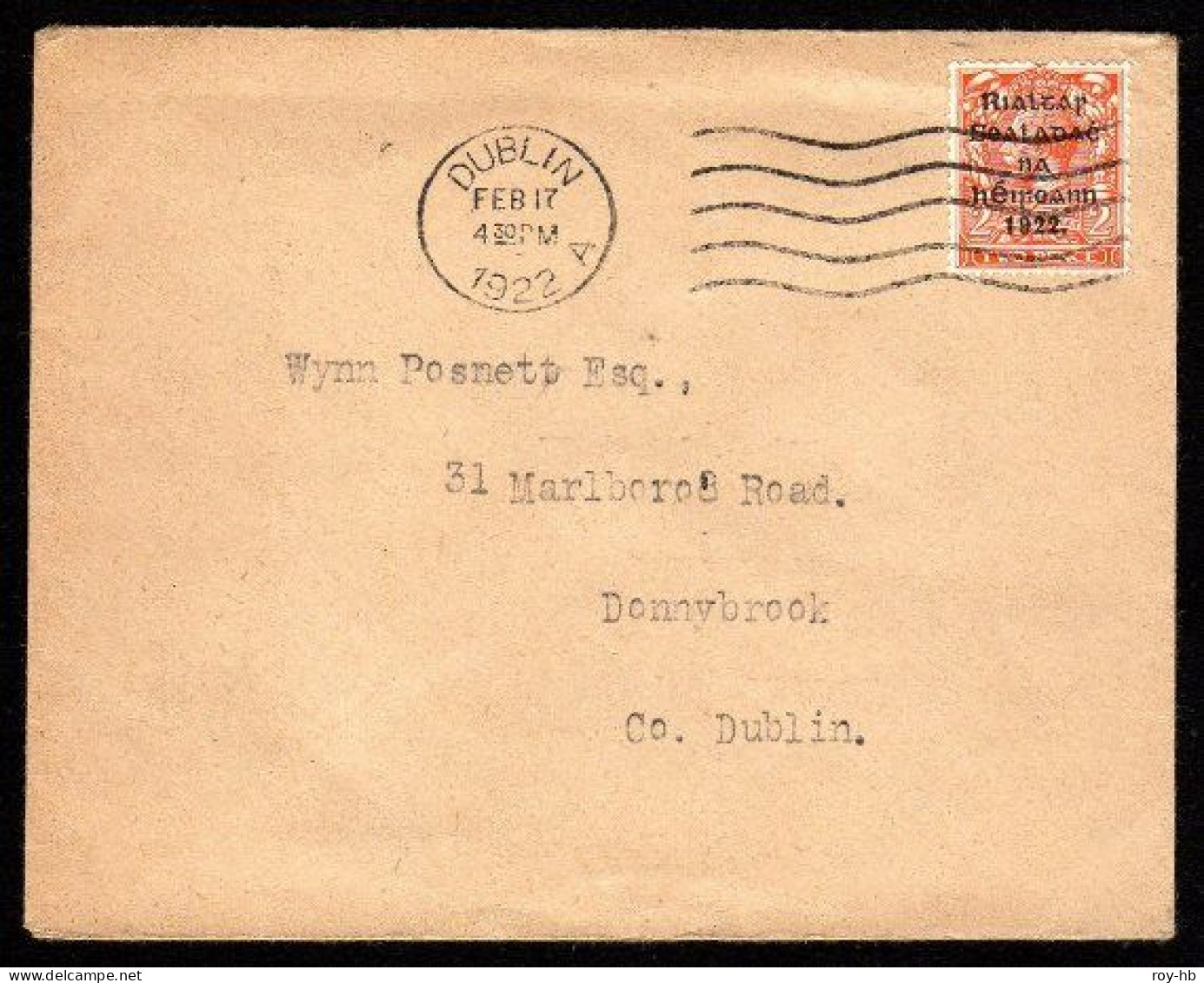 1922 Thom 2d Die II Single On A Local Dublin Cover, Well Tied By A Clear Machine Cancel For 17 FE 22, The First Day. - Covers & Documents