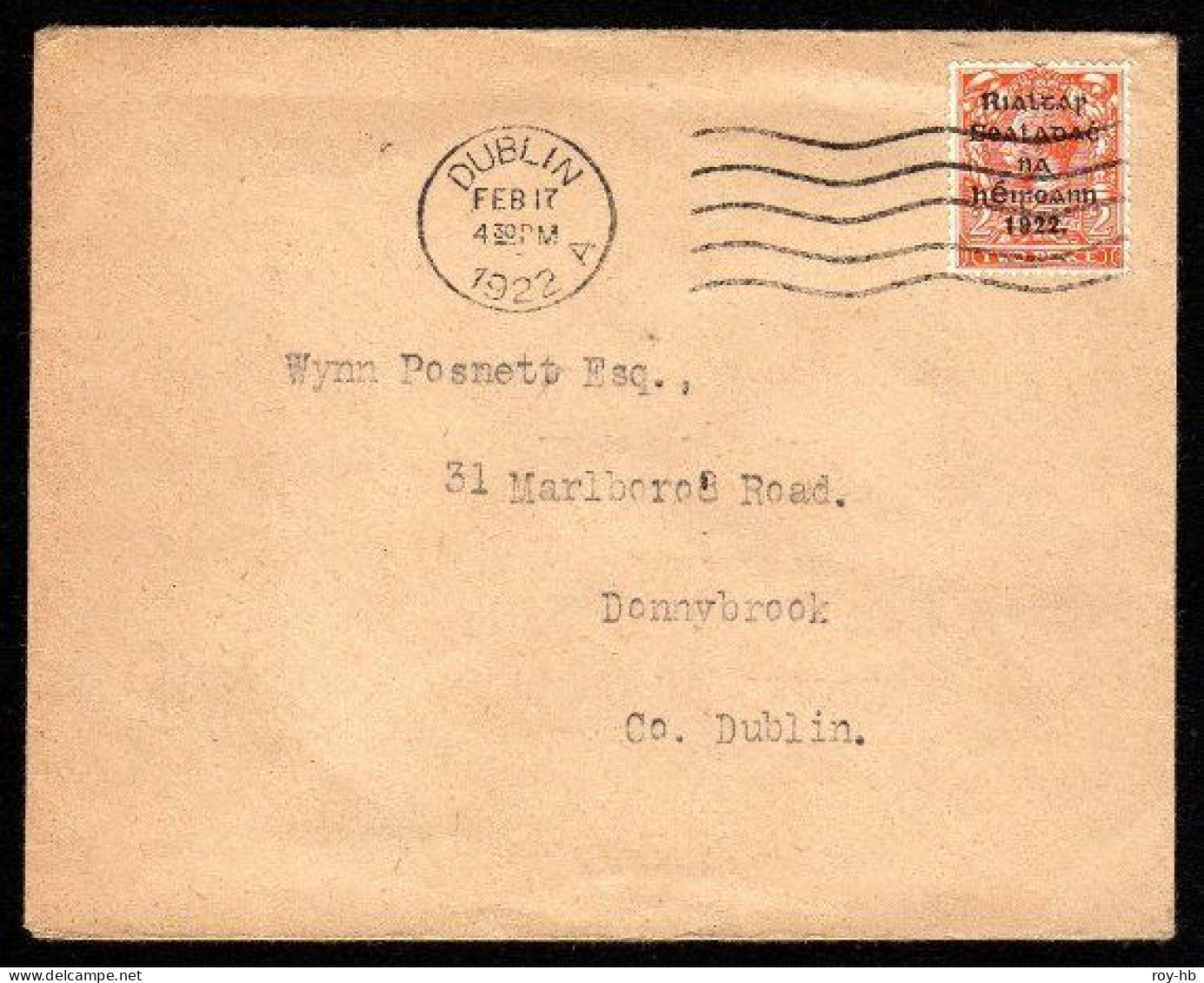 1922 Thom 2d Die II Single On A Local Dublin Cover, Well Tied By A Clear Machine Cancel For 17 FE 22, The First Day. - Brieven En Documenten