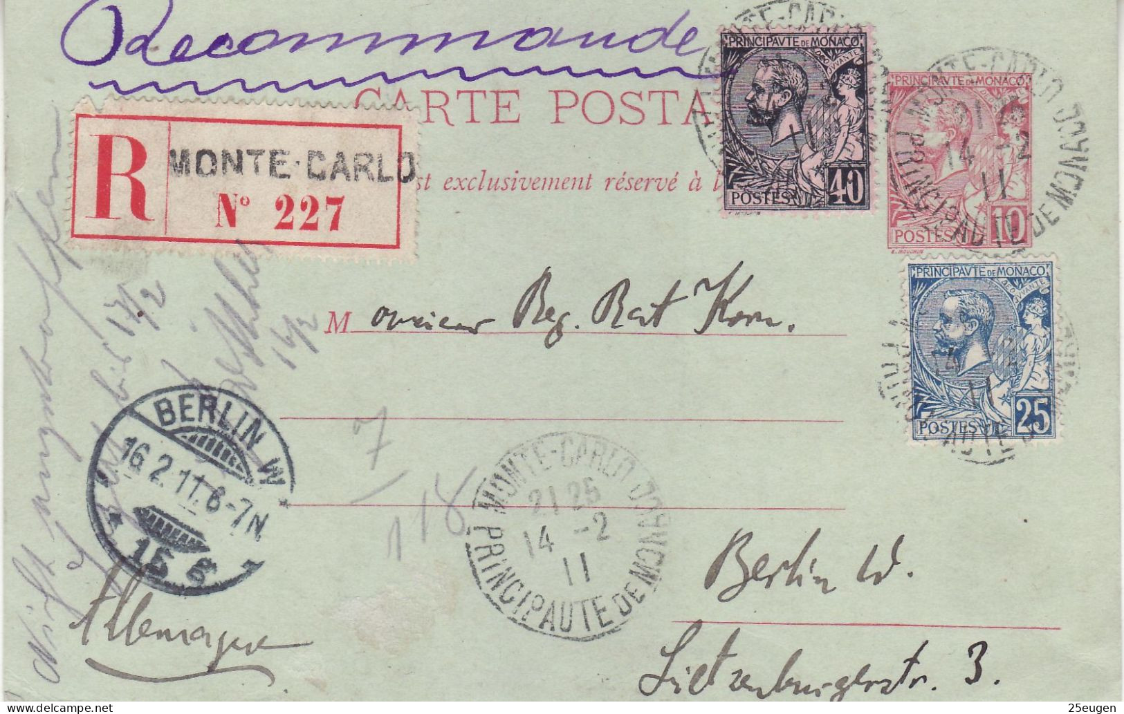 MONACO 1911 R- Postcard Sent From Monte Carlo To Berlin - Briefe U. Dokumente