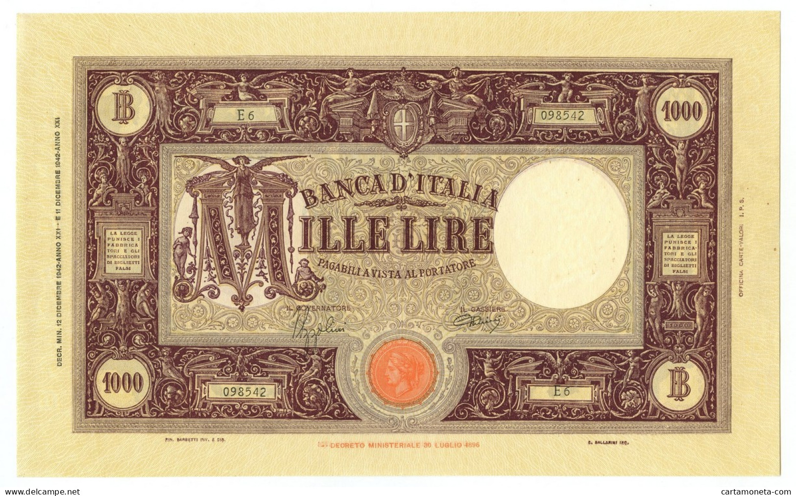 1000 LIRE BARBETTI GRANDE M TESTINA FASCIO II TIPO 12/12/1942 SUP+ - Regno D'Italia – Other