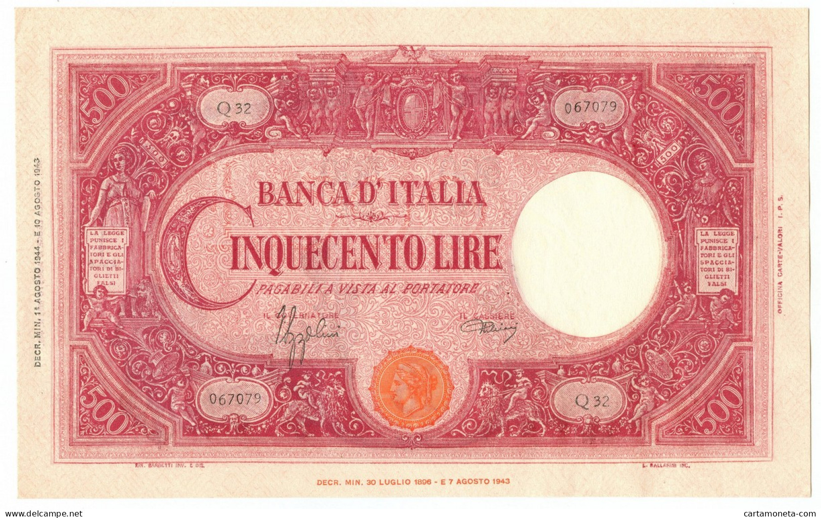 500 LIRE BARBETTI GRANDE C TESTINA RETRO BI RSI 01/08/1944 SUP+ - Sonstige