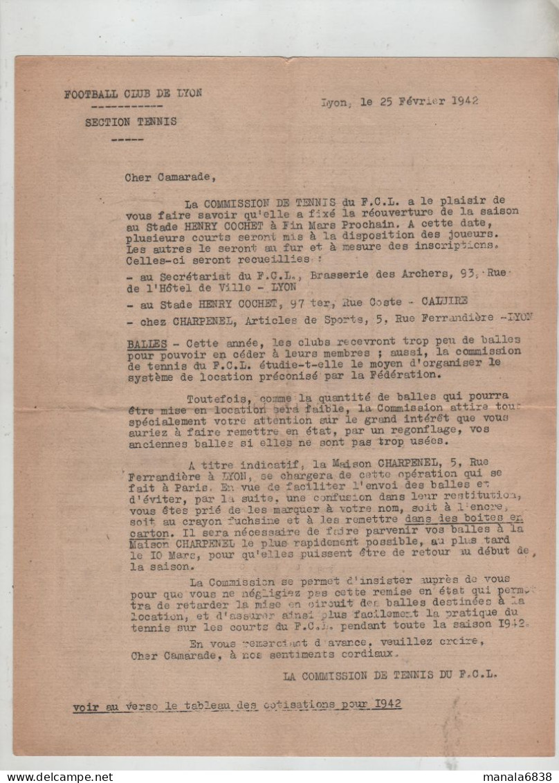 Football Club De Lyon Tennis 1942 FCL Stade Cochet Caluire Charpenel Tableau  Cotisations - Non Classés