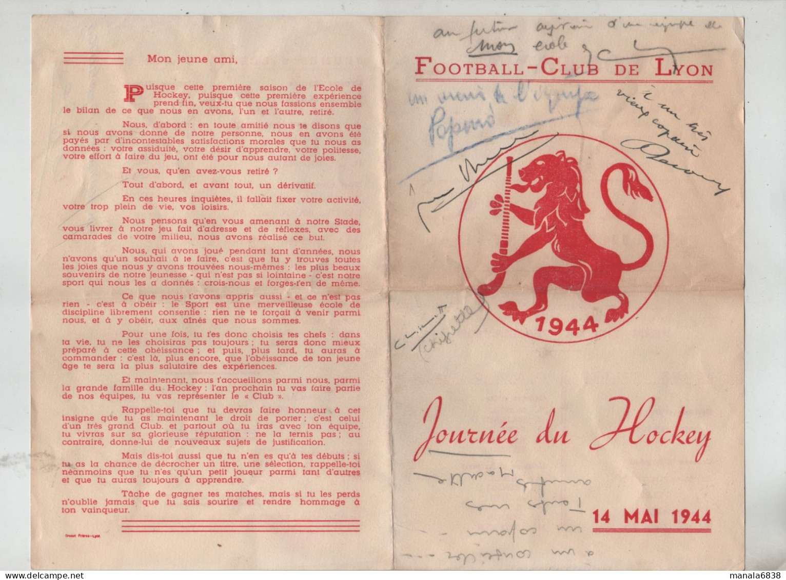 Football Club De Lyon 1944 Hockey Programme Palmarès Ernest Vidal Signatures à Identifier - Ohne Zuordnung