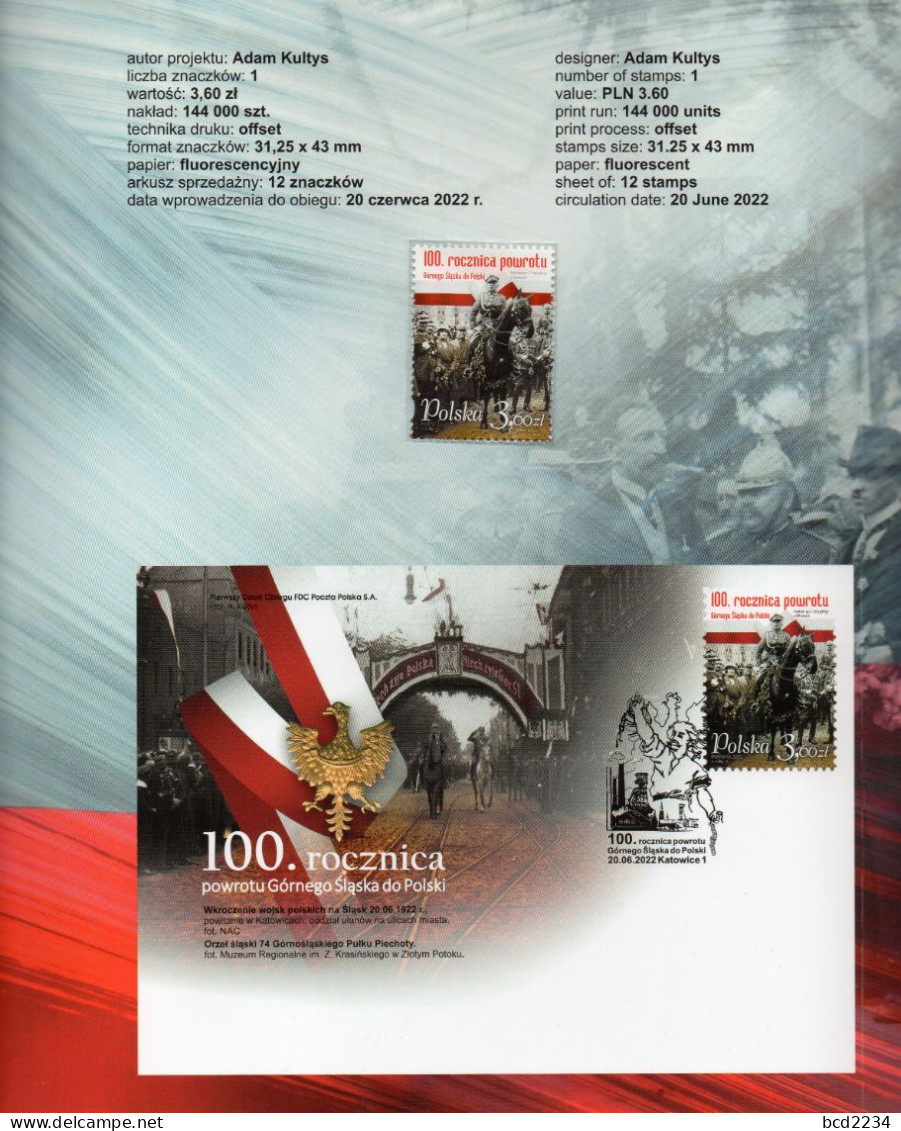POLAND 2022 POST OFFICE SPECIAL EDITION FOLDER: 100TH ANNIV RETURN UPPER SILESIA POLAND FROM GERMANY PILSUDSKI PIN BADGE - Covers & Documents